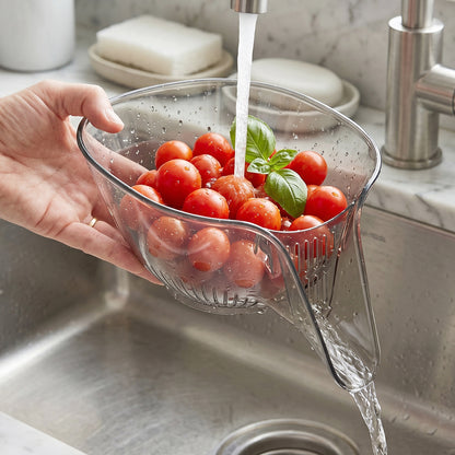 Wukusy fruit and vegetable washing strainer basket with funnel, designed for kitchen sink drain, in a clean, white finish.