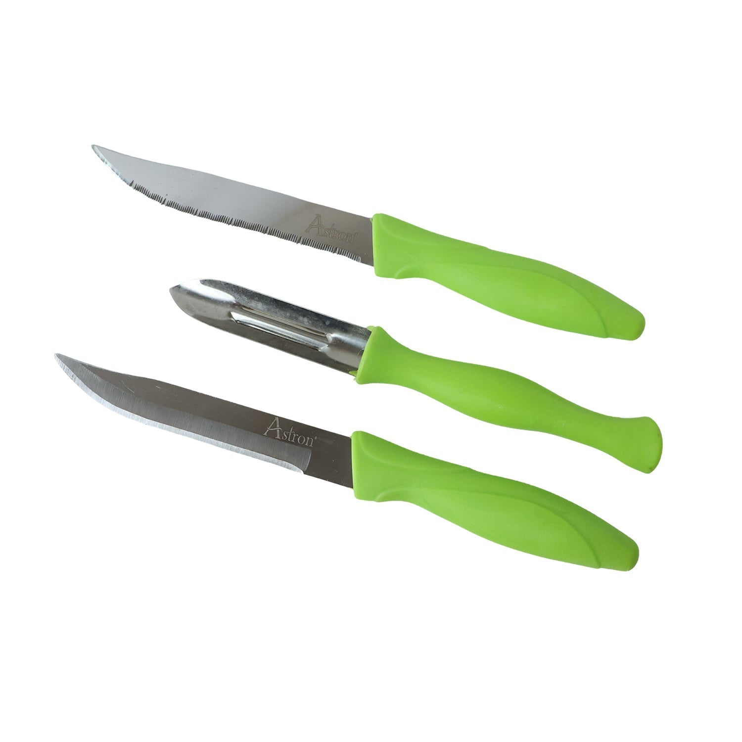 Wukusy stainless steel kitchen knife and peeler combo set with three pieces, showcasing sharp blades and ergonomic handles.