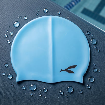 Wukusy waterproof stretchable silicone swimming cap shown on a model's head, designed for comfortable, snug fit during swimming.