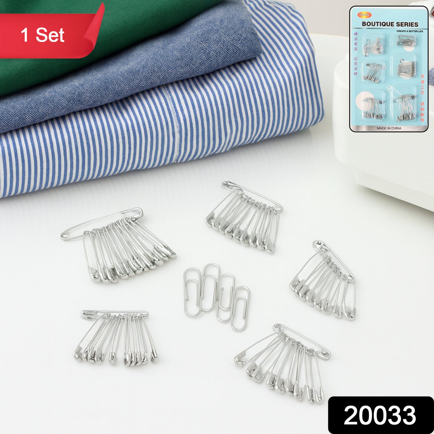 Assorted Wukusy metal safety pins in various sizes laid out on a white background, suitable for sewing, crafts, and household use.