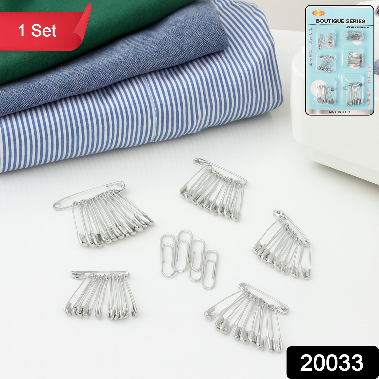 Assorted Wukusy metal safety pins in various sizes laid out on a white background, suitable for sewing, crafts, and household use.