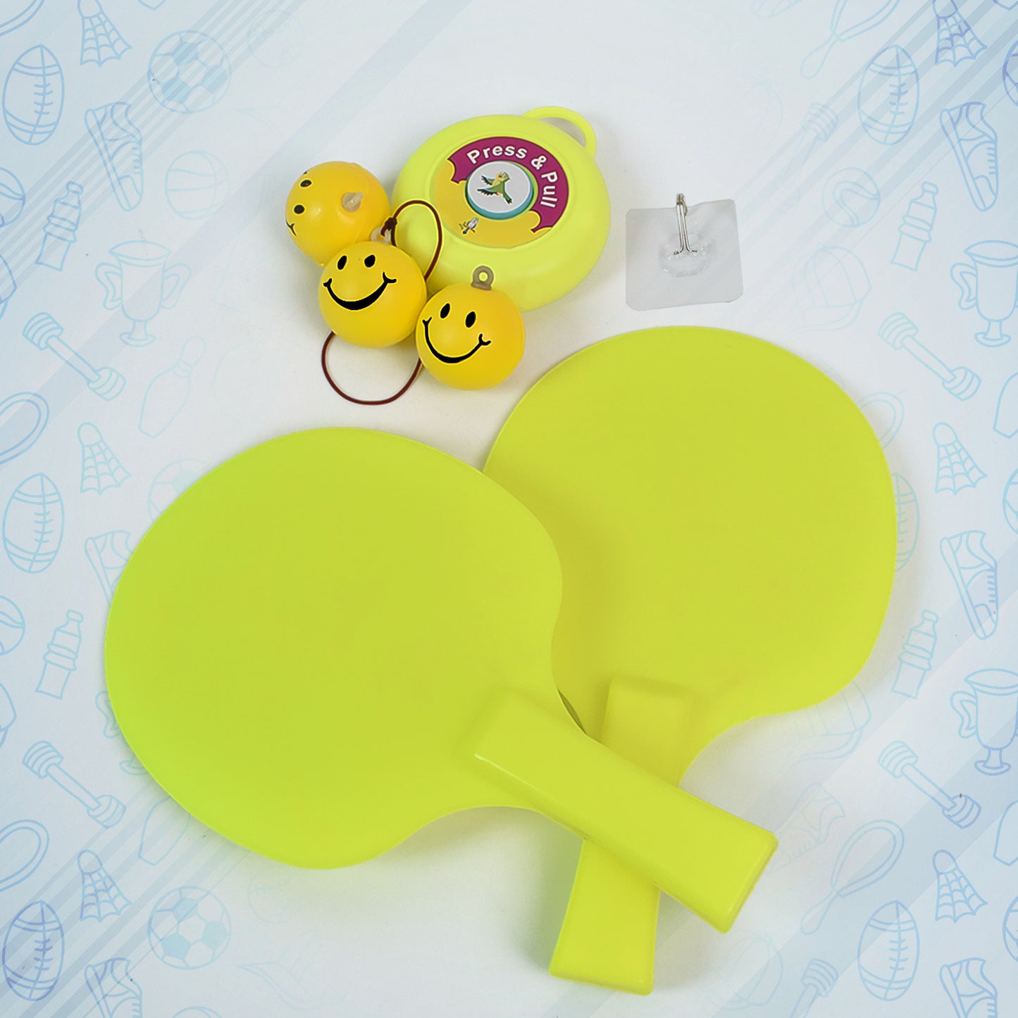Wukusy hanging table tennis trainer set with three balls, toy sports equipment for active play and practice.