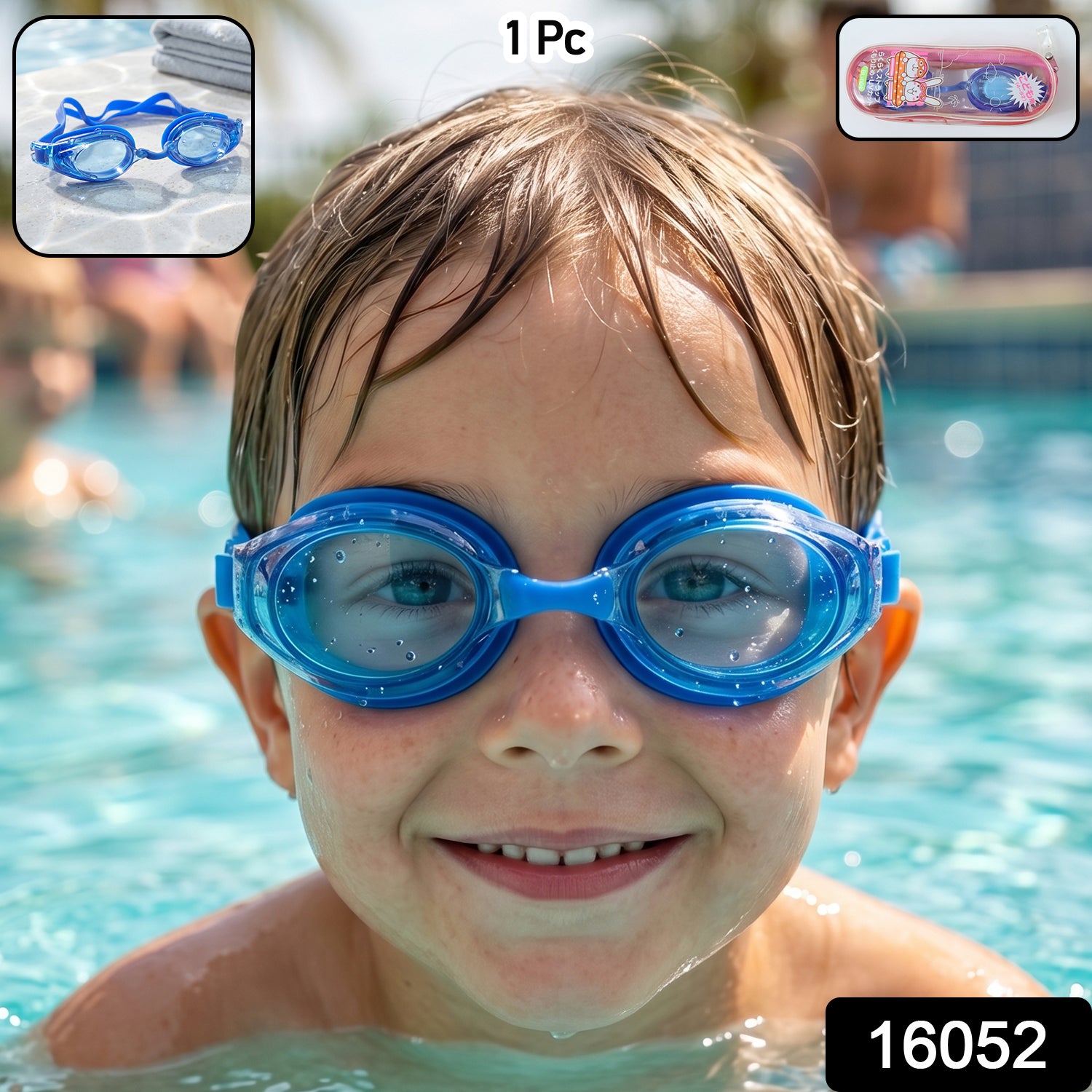 Kids durable swimming goggles by Wukusy with soft cushion seal and adjustable strap, shown on a child in the water.