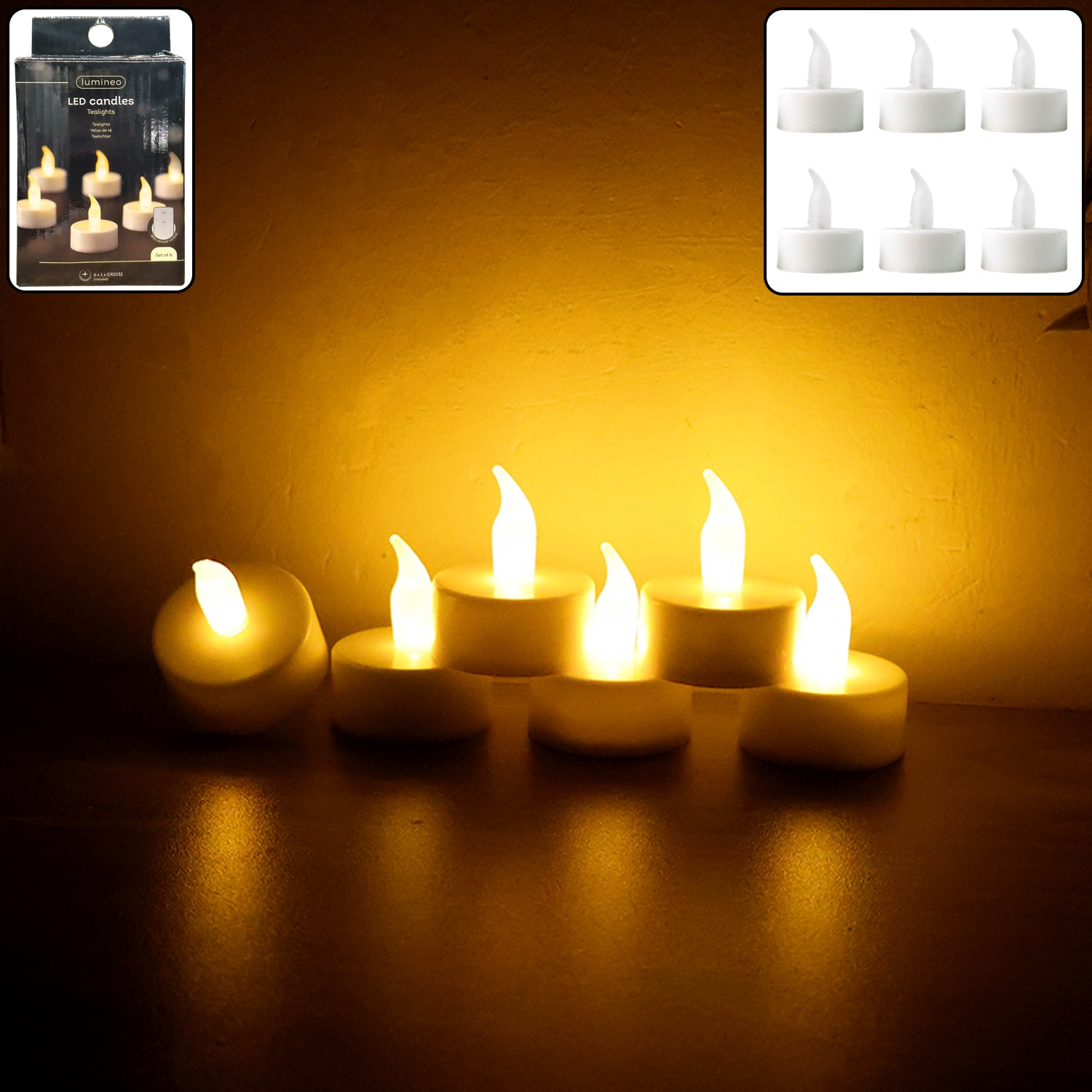 Six Wukusy LED flameless tealight candles glowing softly in a home decor setting, providing warm ambient lighting.