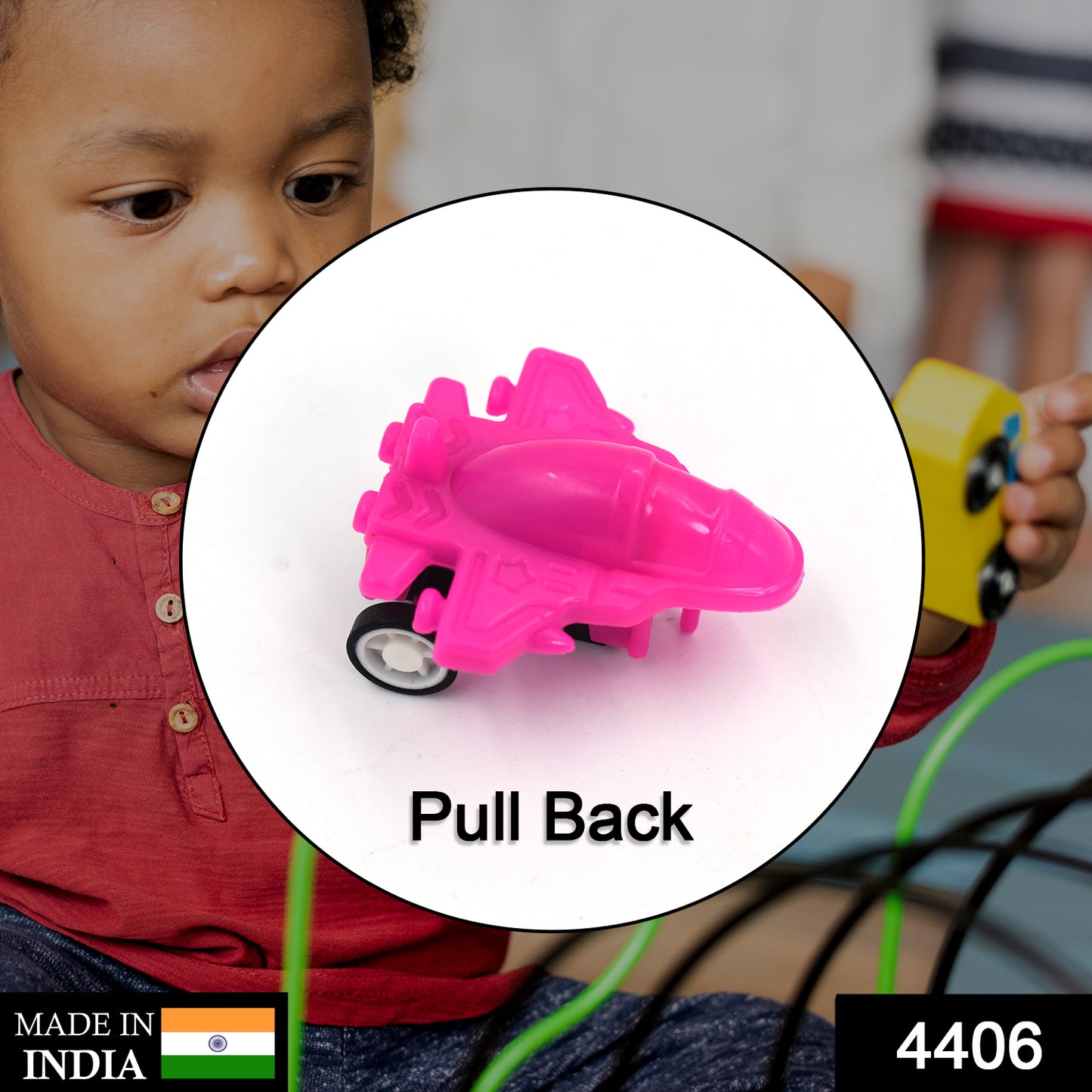 Wukusy 4406 Int Pull Back Mini Plane toy with colorful plastic body and small wings, designed for children’s play and collection.