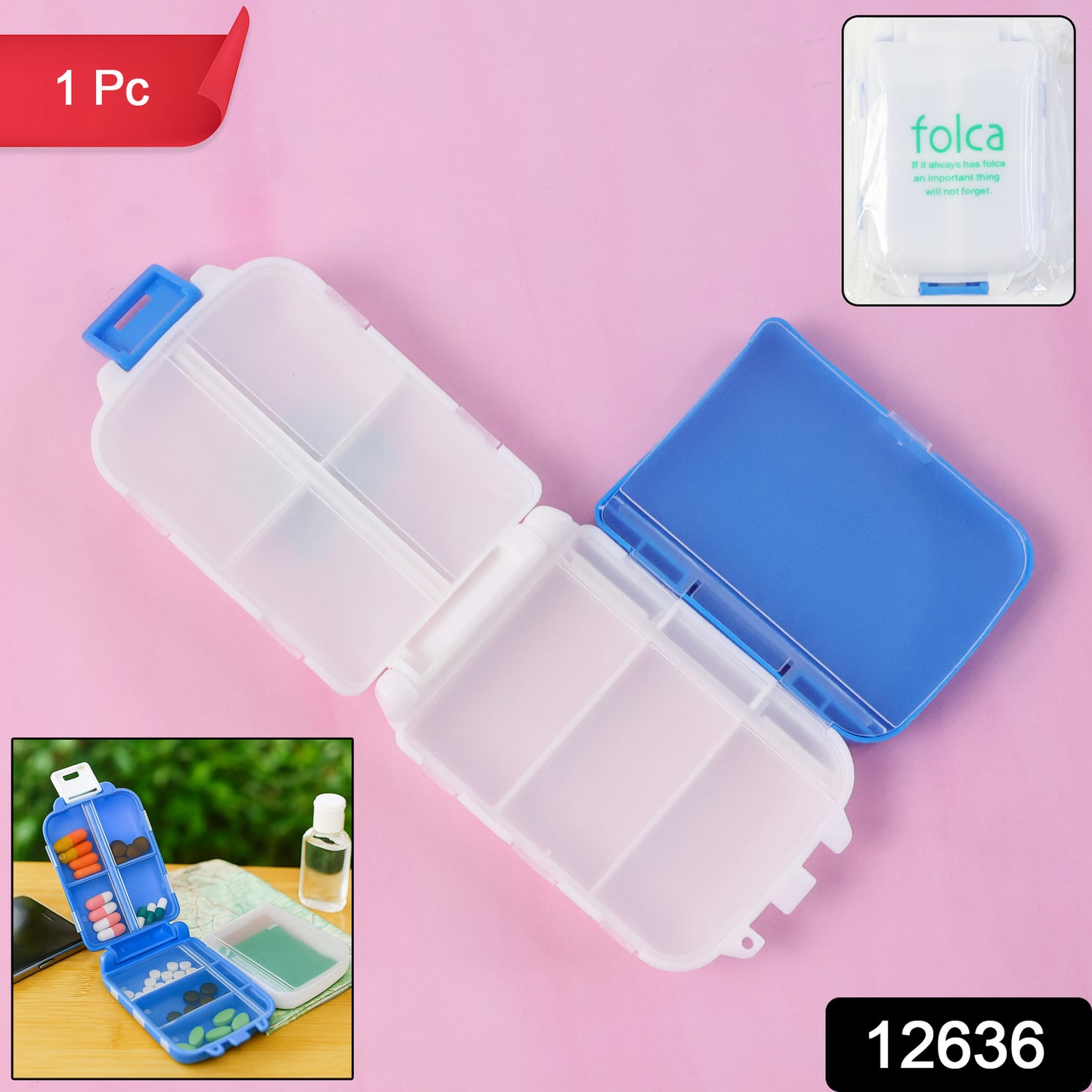 Blue Wukusy dual-sided portable pill organizer box with compartments for daily medication storage.