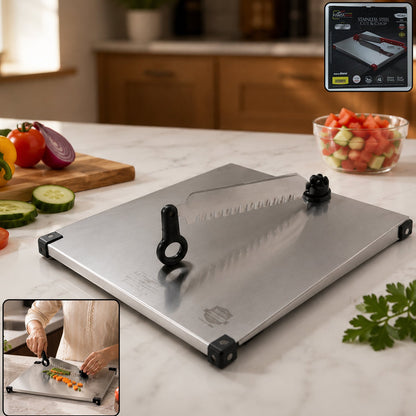 Wukusy stainless steel 2-in-1 cutting and chopping board with knife for kitchen, showing the sleek metal surface and included knife.