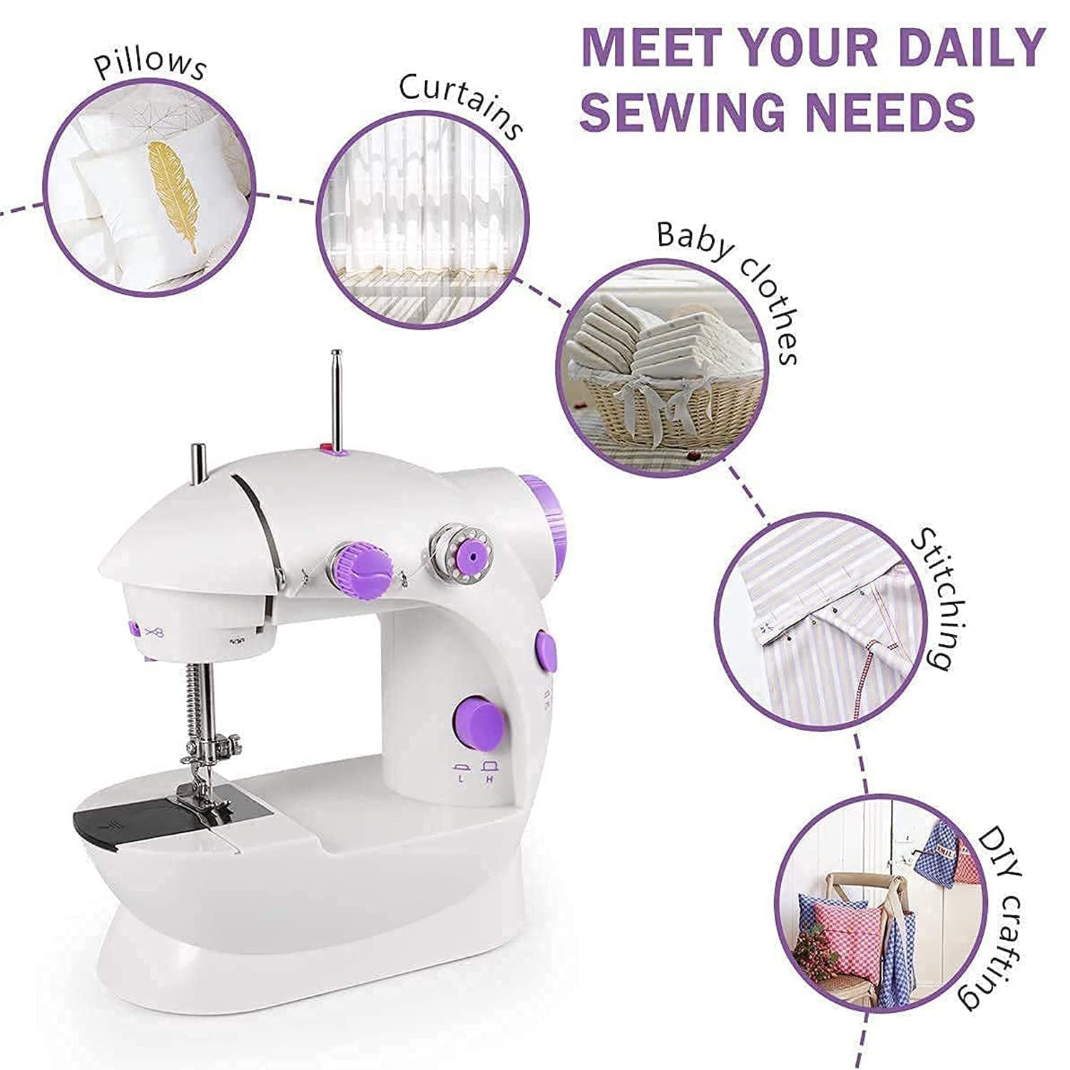 Wukusy 12917 home sewing machine with extension table, foot pedal, and portable electric stitching machine for home tailoring.