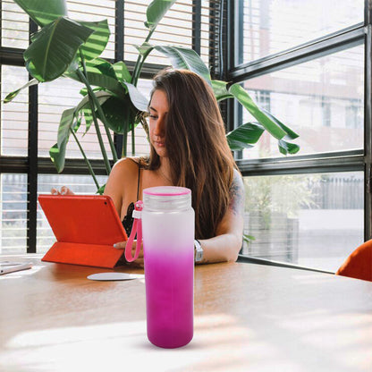 Colorful Wukusy 350ml motivational glass water bottle with rubber band for daily hydration, gym, cycling, and fitness activities.