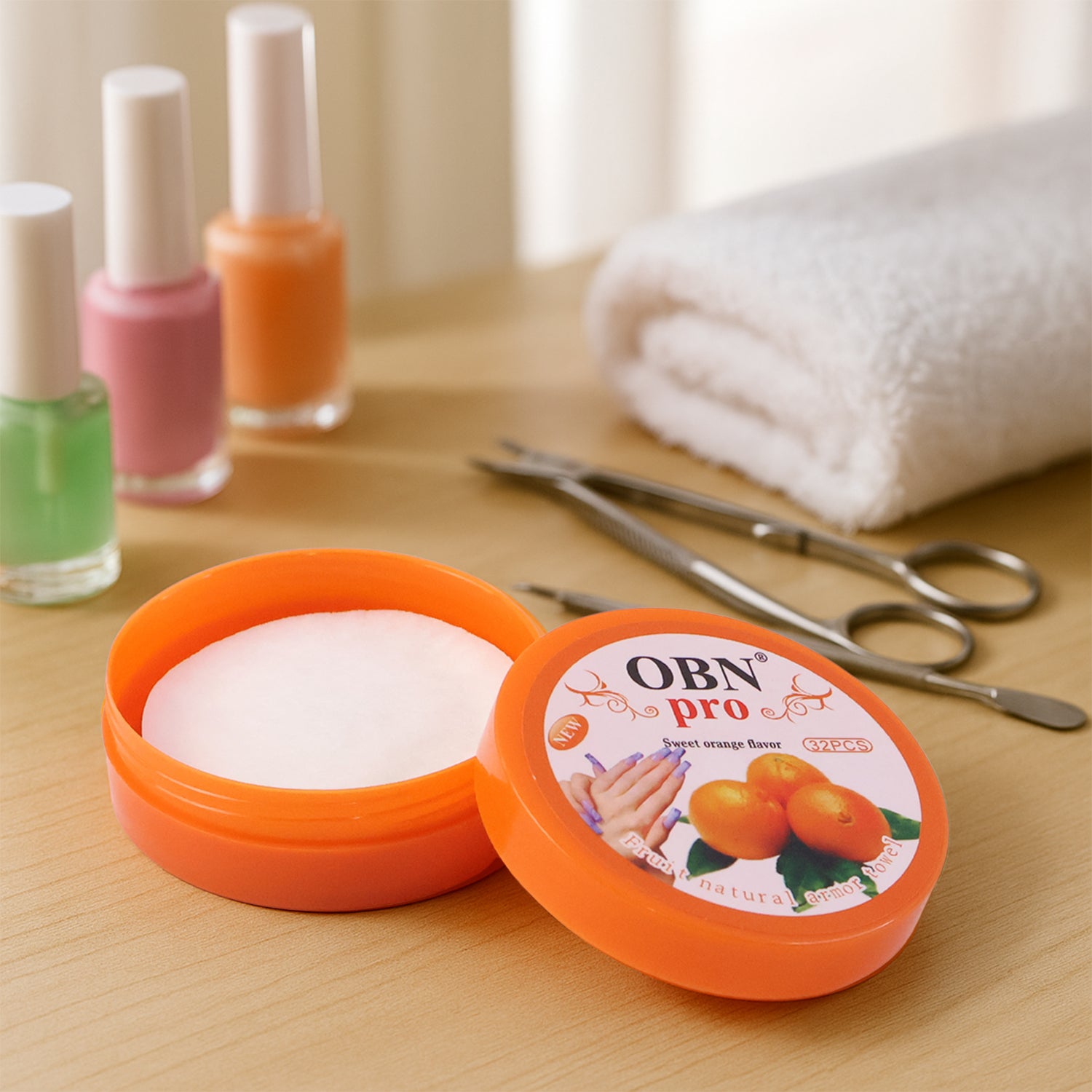 Wukusy Obi Pro Nail Polish Remover Wipes, health and beauty product, close-up of the single wipe in packaging