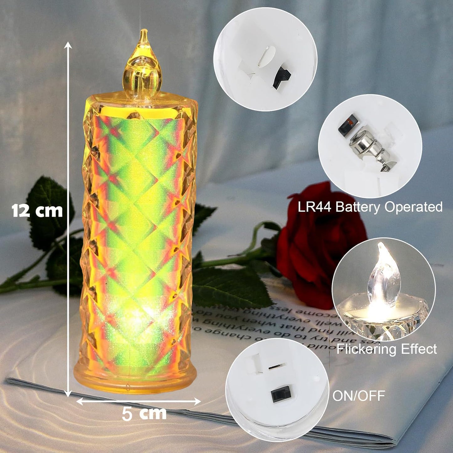 Set of 12 Wukusy smokeless LED candles for home decor, featuring realistic flickering flame effects on white candle bases.