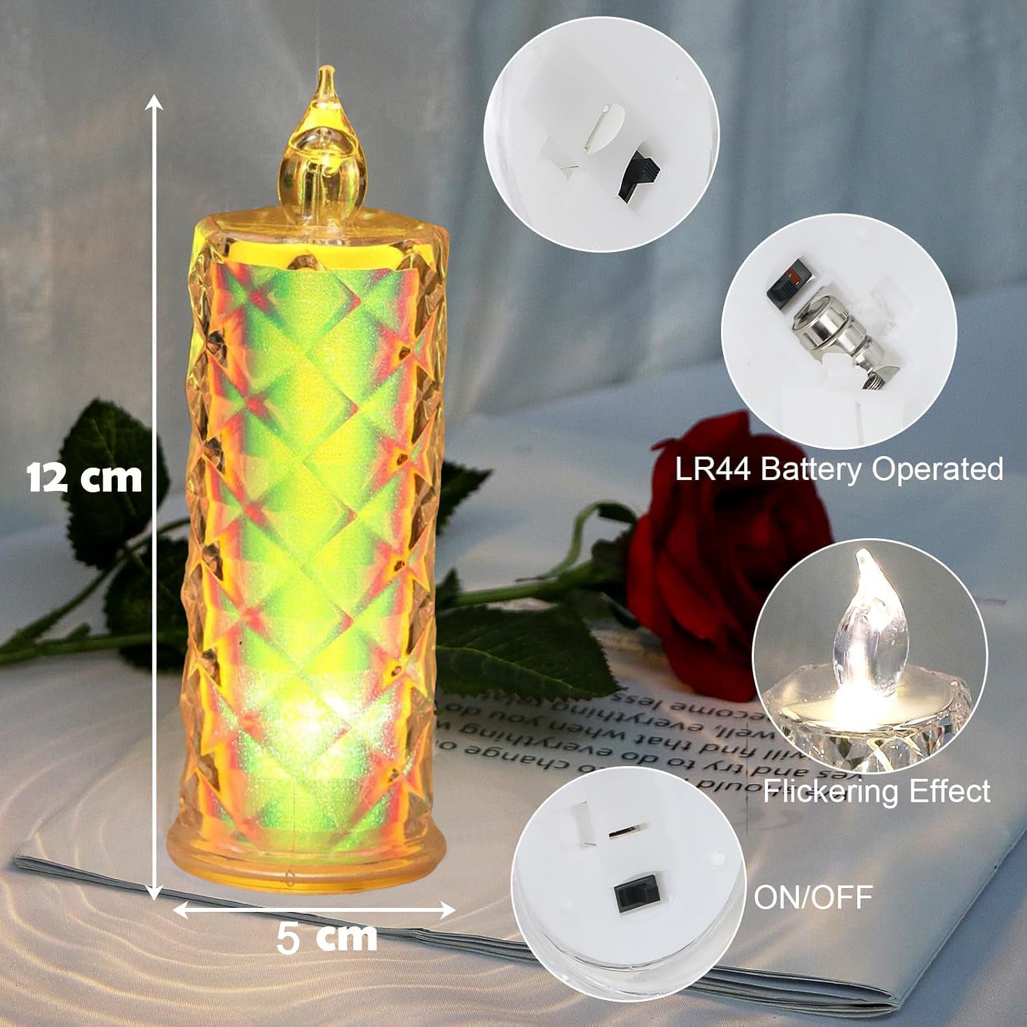 Set of 12 Wukusy smokeless LED candles for home decor, featuring realistic flickering flame effects on white candle bases.