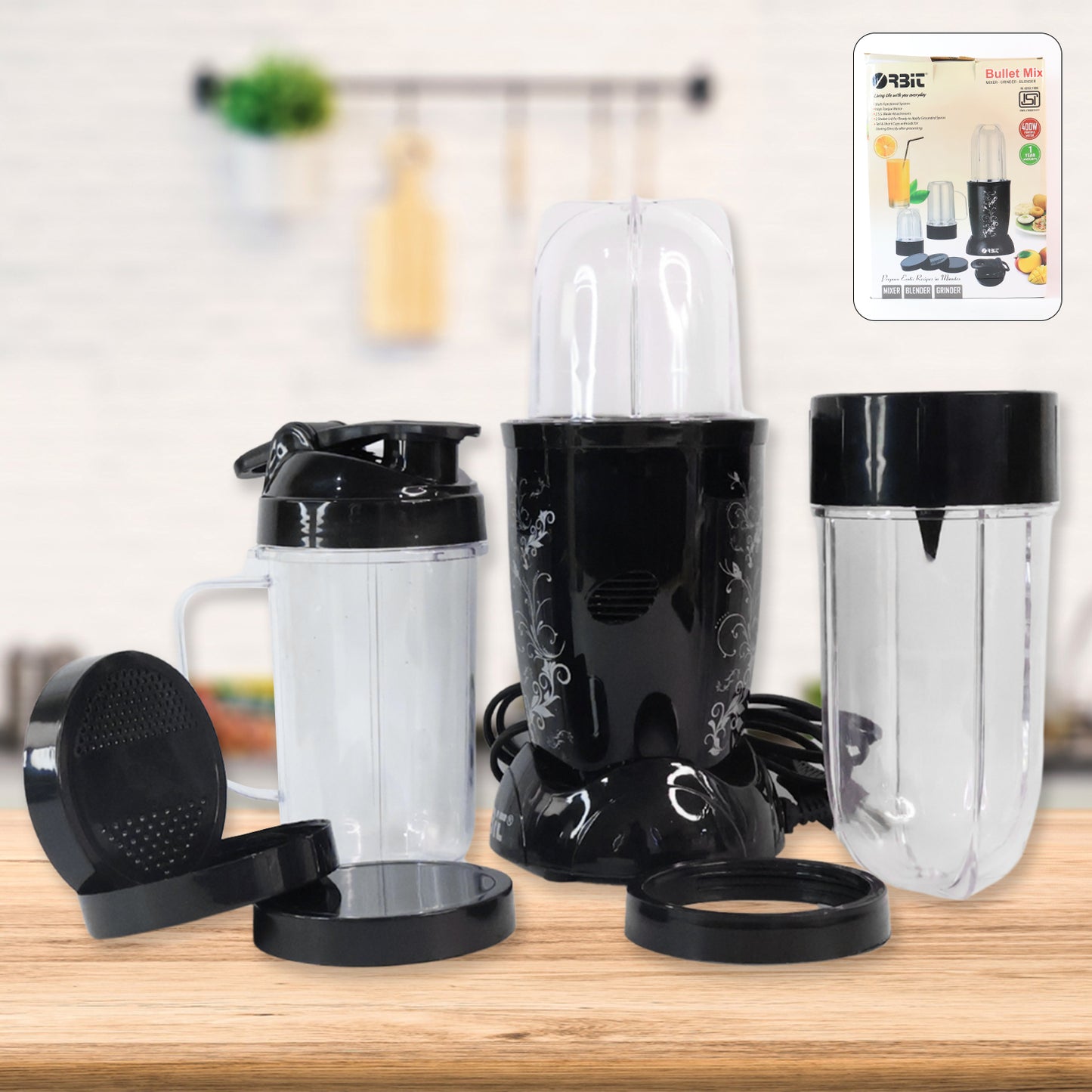 Wukusy Orbit Bullet Mixer Grinder with 3 jars and 400W motor, compact home kitchen appliance for grinding and blending.