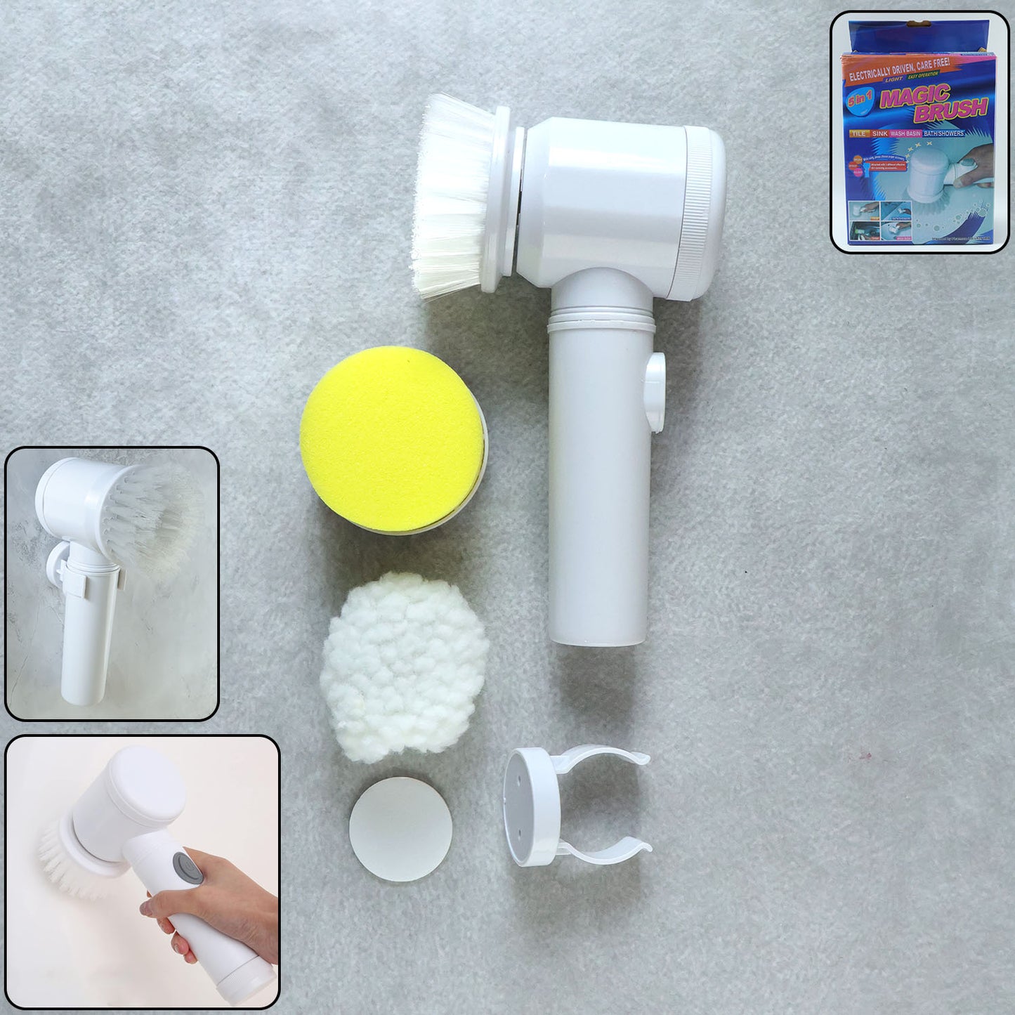 Wukusy B Grade 5-in-1 electric cleaning spin brush with multiple replaceable heads, shown with various brush attachments.