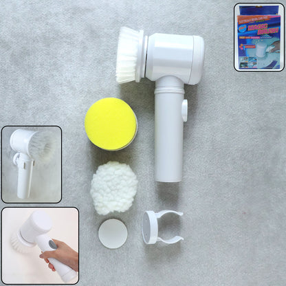 Wukusy B Grade 5-in-1 electric cleaning spin brush with multiple replaceable heads, shown with various brush attachments.