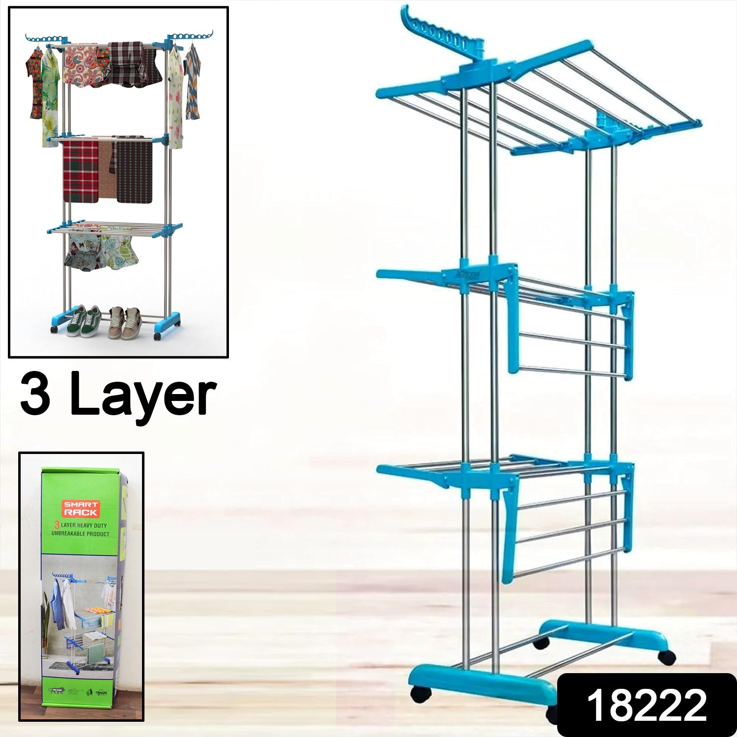 Wukusy heavy-duty stainless steel 3-layer foldable cloth drying stand with colorful box packaging, ideal for indoor laundry drying.