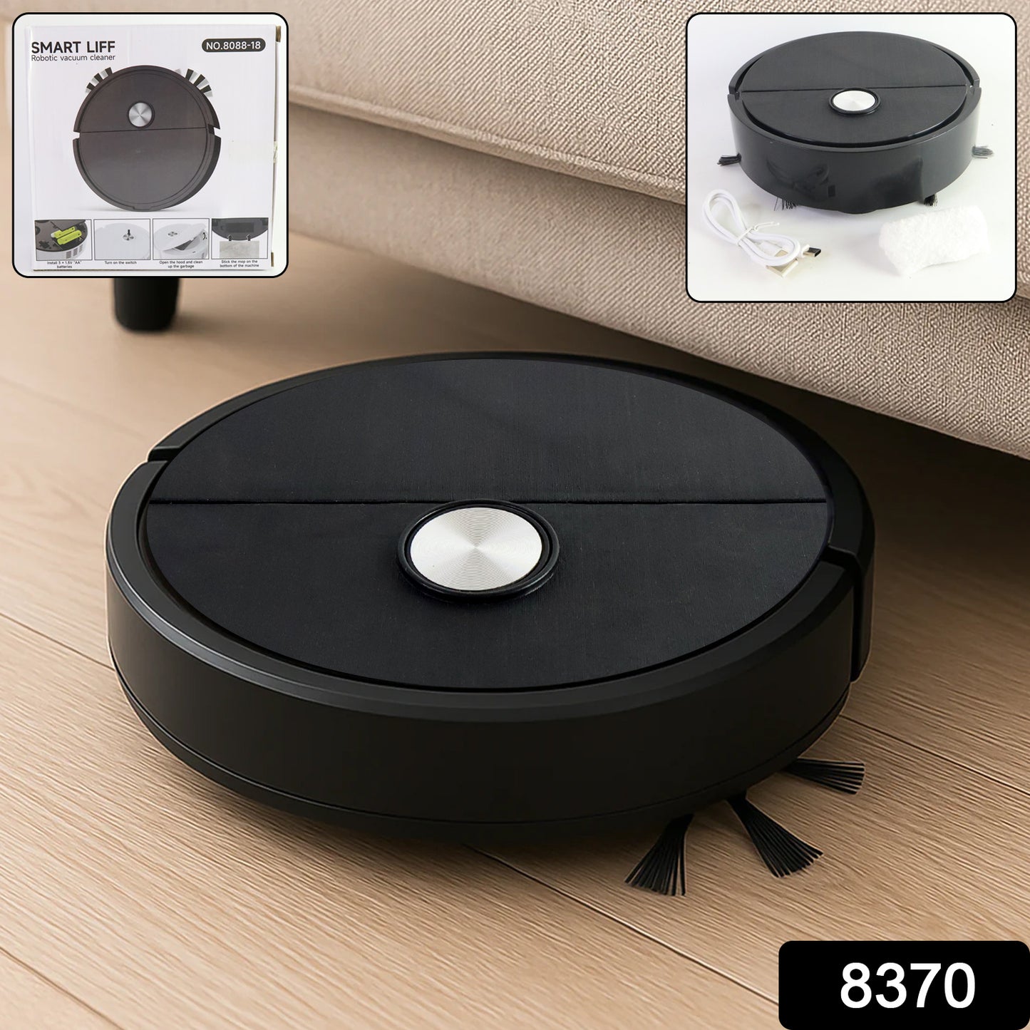Wukusy vacuum cleaner sweeping robot on hardwood floor, compact home improvement robot for automated cleaning.