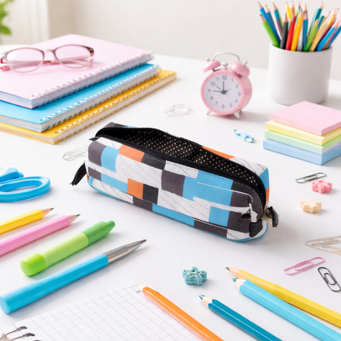 Wukusy multipurpose printed zipper pencil pouch organizer for students, showing colorful design and multiple compartments.
