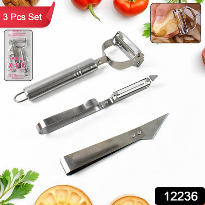 Wukusy 3-in-1 stainless steel vegetable and fruit peeler set with three different peeler types on a white background.