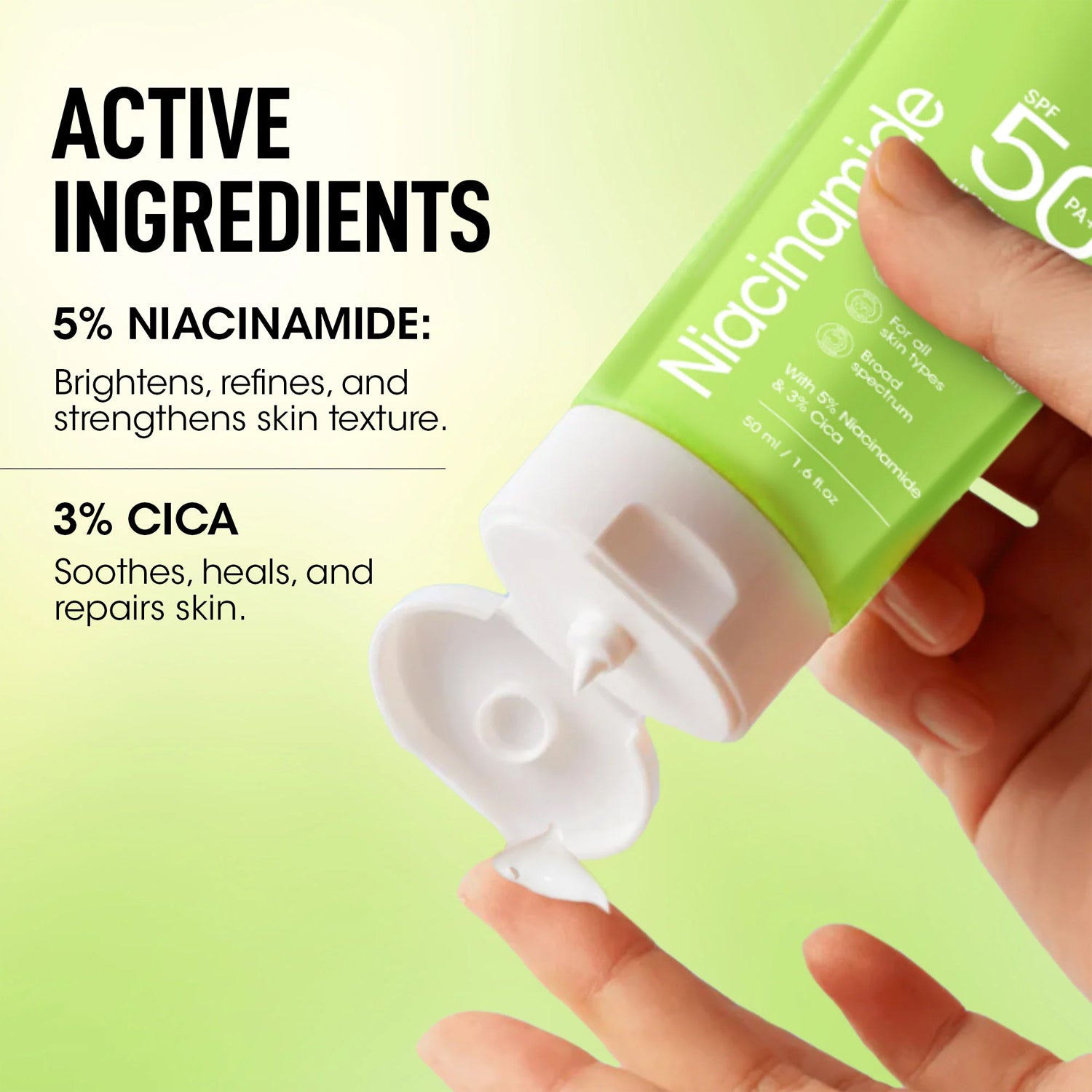 Wukusy Og Beauty Niacinamide Sunscreen SPF 50 PA+++ bottle with pump dispenser, white and blue packaging.