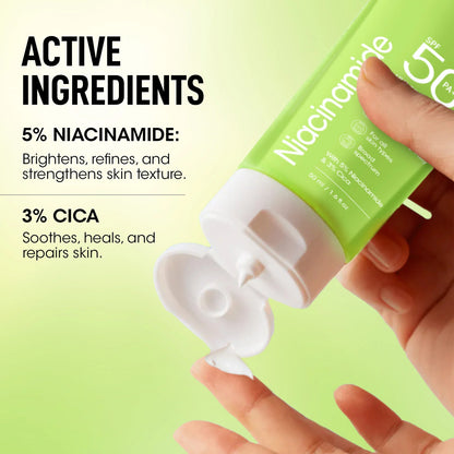 Wukusy Og Beauty Niacinamide Sunscreen SPF 50 PA+++ bottle with pump dispenser, white and blue packaging.