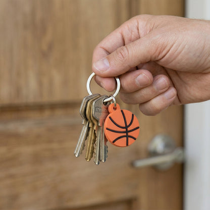 Set of 10 basketball design bag charm keychains by Wukusy featuring miniature basketballs and sporty accessories.
