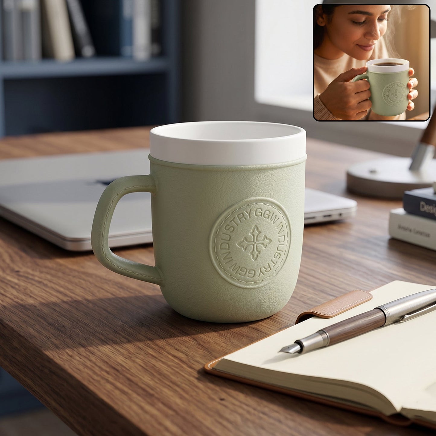 Wukusy plastic coffee mug with handle featuring a leather texture, ideal for home or office use
