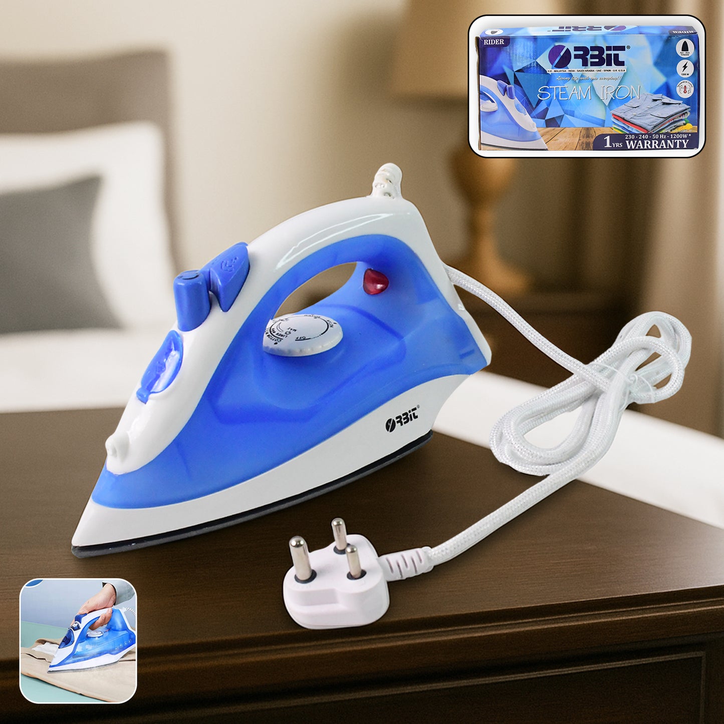 Wukusy Orbit high-performance 1200W steam iron with a sleek design, water tank, and adjustable temperature control.