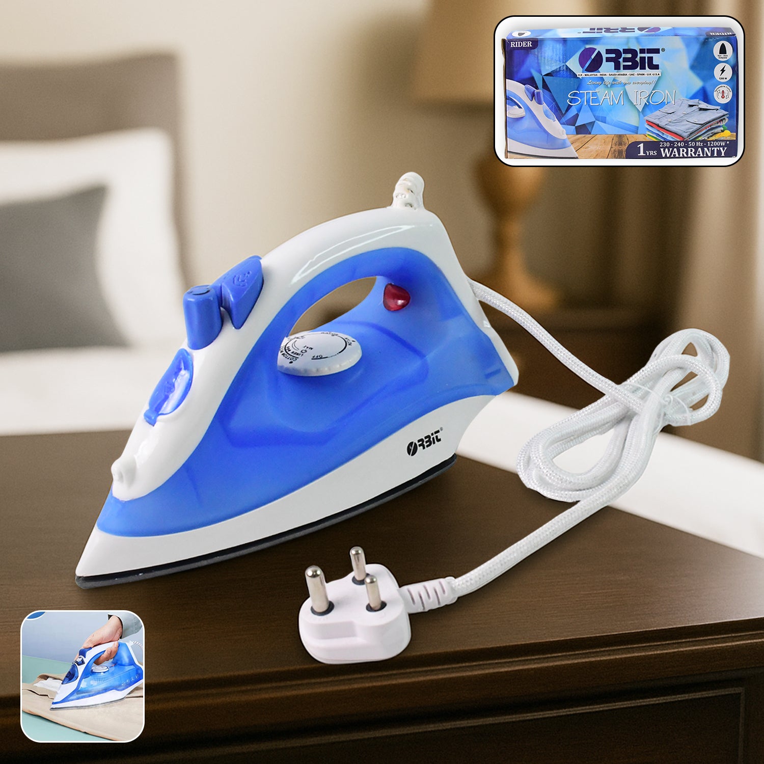 Wukusy Orbit high-performance 1200W steam iron with a sleek design, water tank, and adjustable temperature control.
