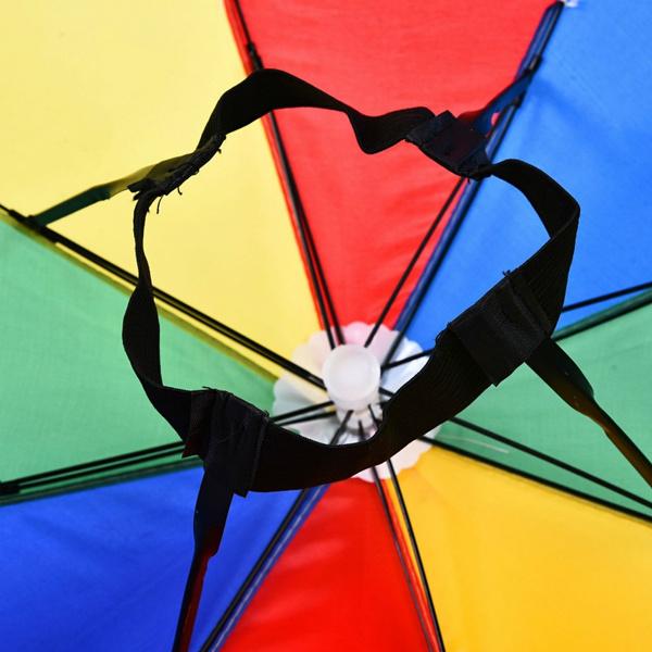 Wukusy hands-free umbrella hat shielding from sun and rain, with wide brim and adjustable strap for outdoor protection.