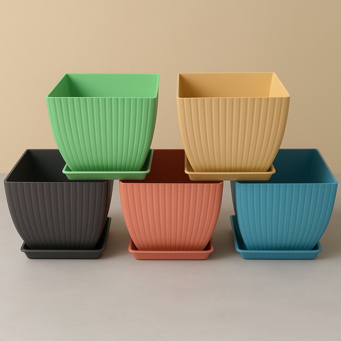 Set of five trendy square plastic flower pots in vibrant colors for garden planting by Wukusy.