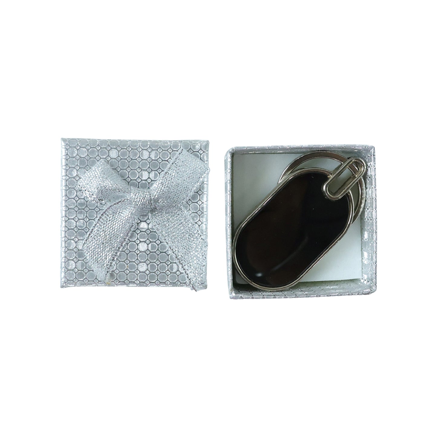 Wukusy premium metal keychain with engraved design, displayed alongside a gift box on a white background.