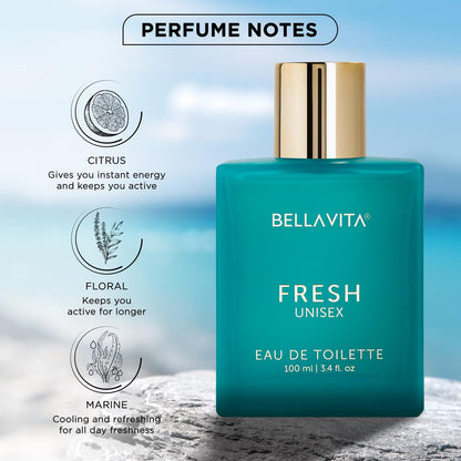 Wukusy Bellavita Premium Fresh Unisex Eau De Toilette 100ml bottle with clear glass and silver cap on a neutral background