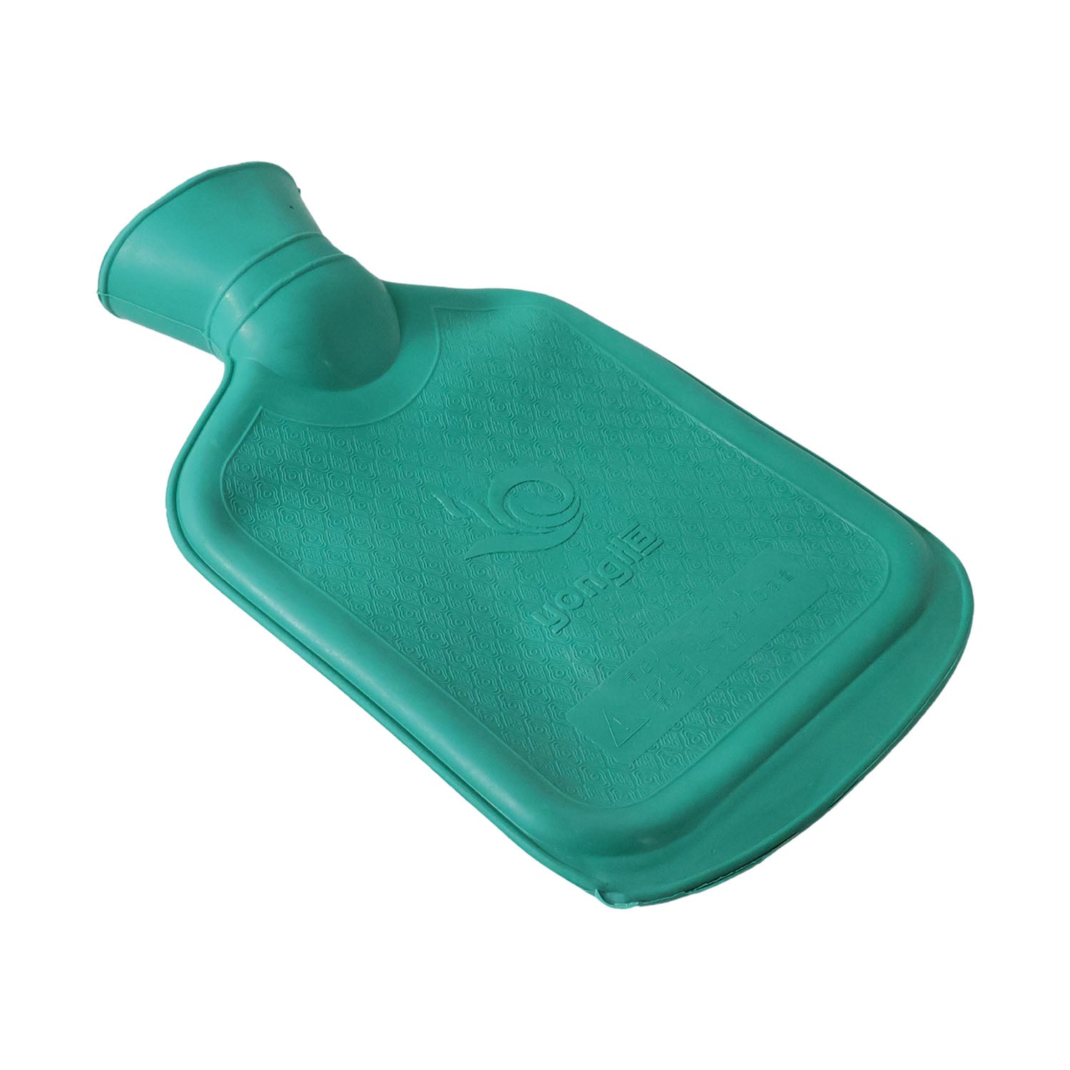 Wukusy reusable hot water bottle, 26cm x 15.5cm, made of flexible rubber with a screw-top cap, shown lying flat.