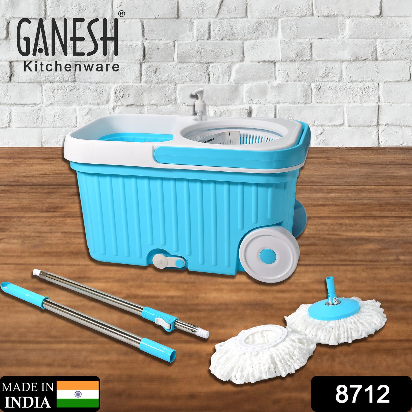 Wukusy 8712 Sporty Plastic Spin Mop with large wheels and auto fold handle for 360-degree cleaning, perfect for home improvement.
