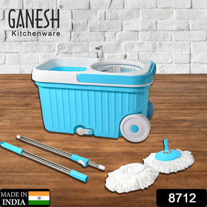 Wukusy 8712 Sporty Plastic Spin Mop with large wheels and auto fold handle for 360-degree cleaning, perfect for home improvement.