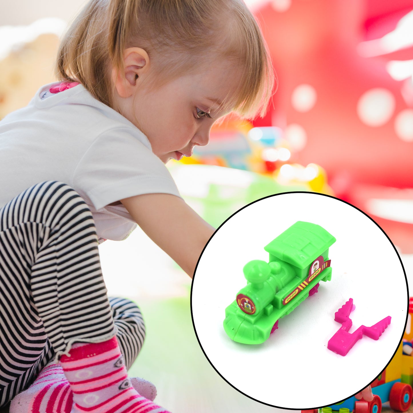 Wukusy 4418 30-piece pull along train toy set with friction power, push and go crawling toy for babies and young children.
