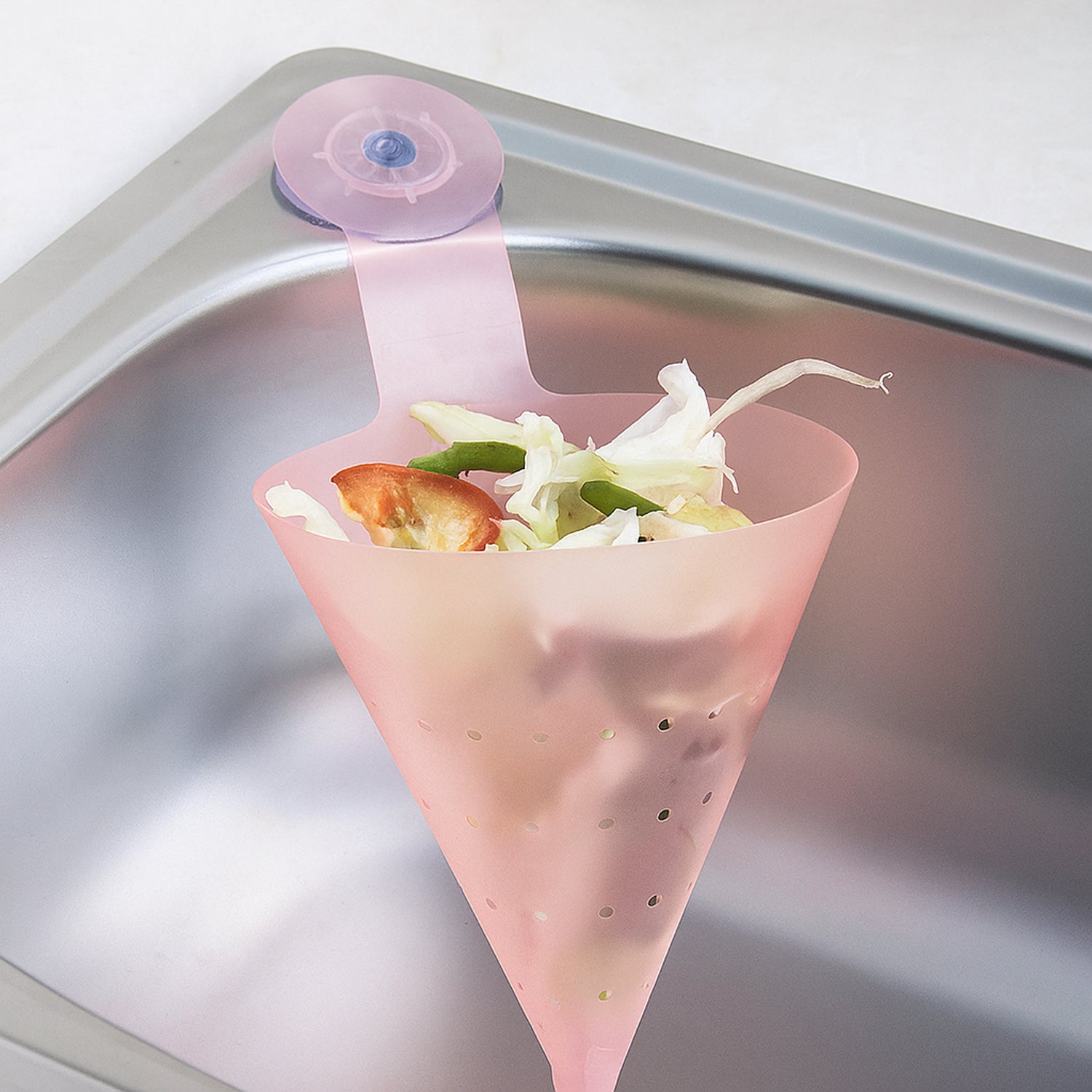 Wukusy multipurpose hanging sink corner strainer with suction cup, designed for kitchen drainage and sink organization.