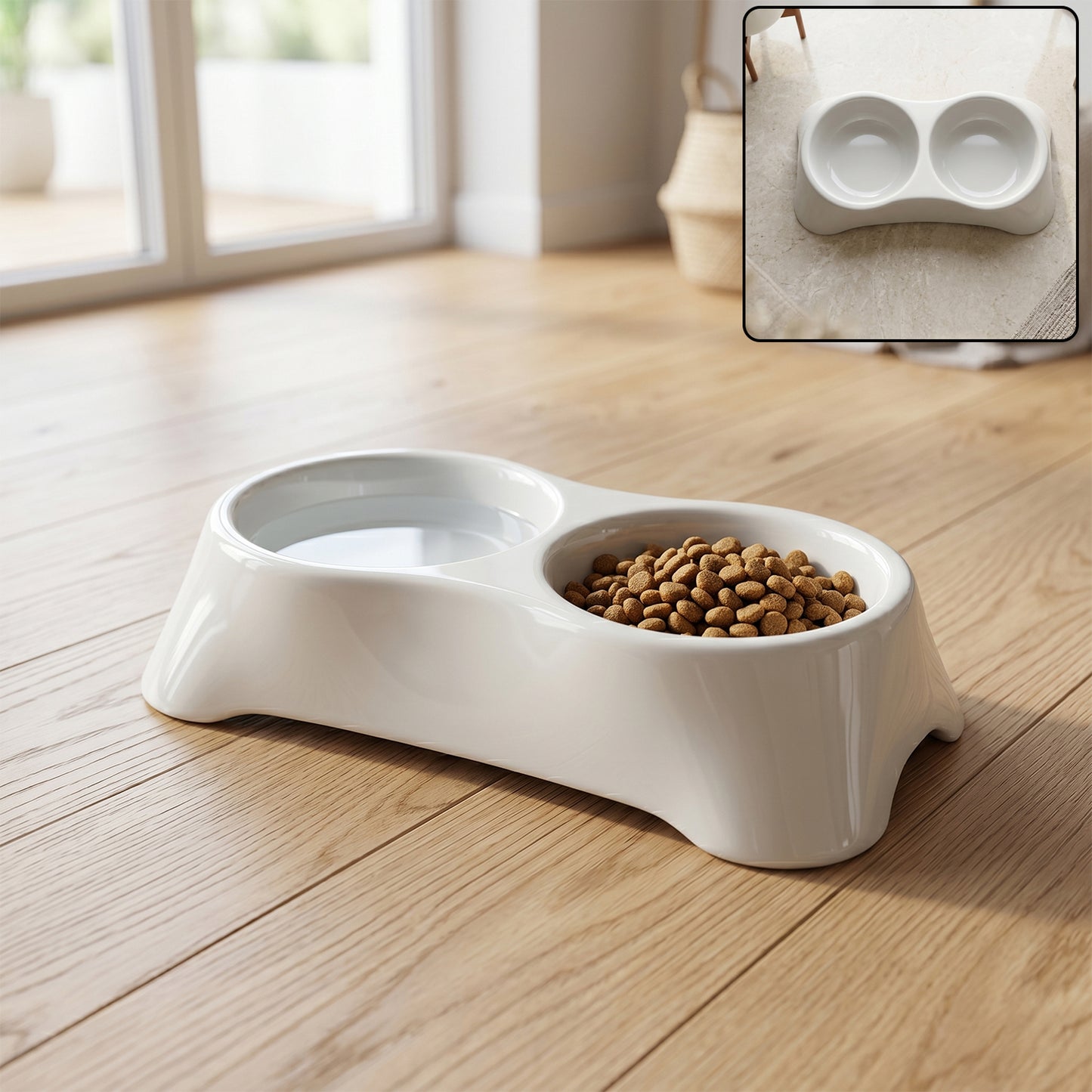 Wukusy dual pet food and water feeding tray with two bowls for dogs and cats, made of durable material.