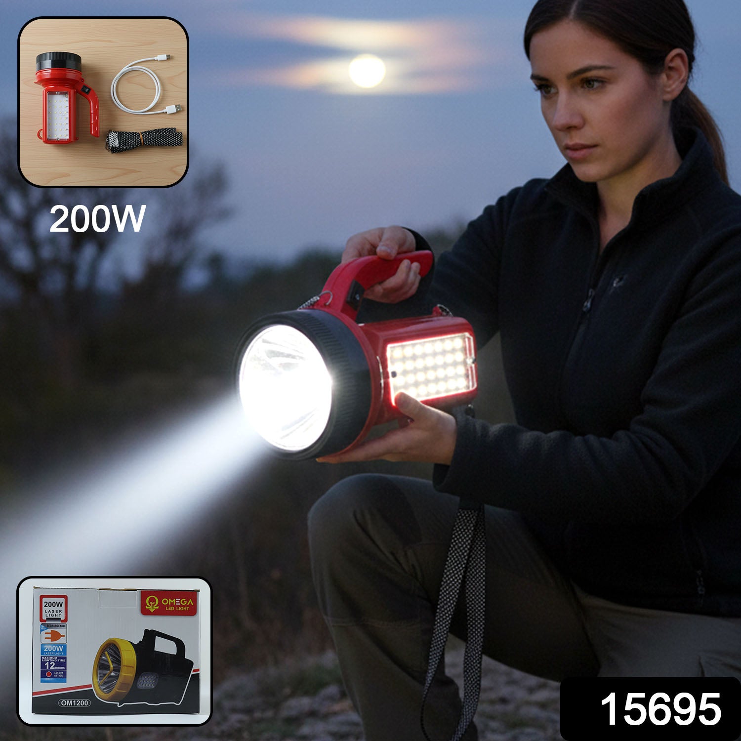 Wukusy Omega 200W high power LED laser torch light with side emergency light panel, showing its durable design and bright illumination.