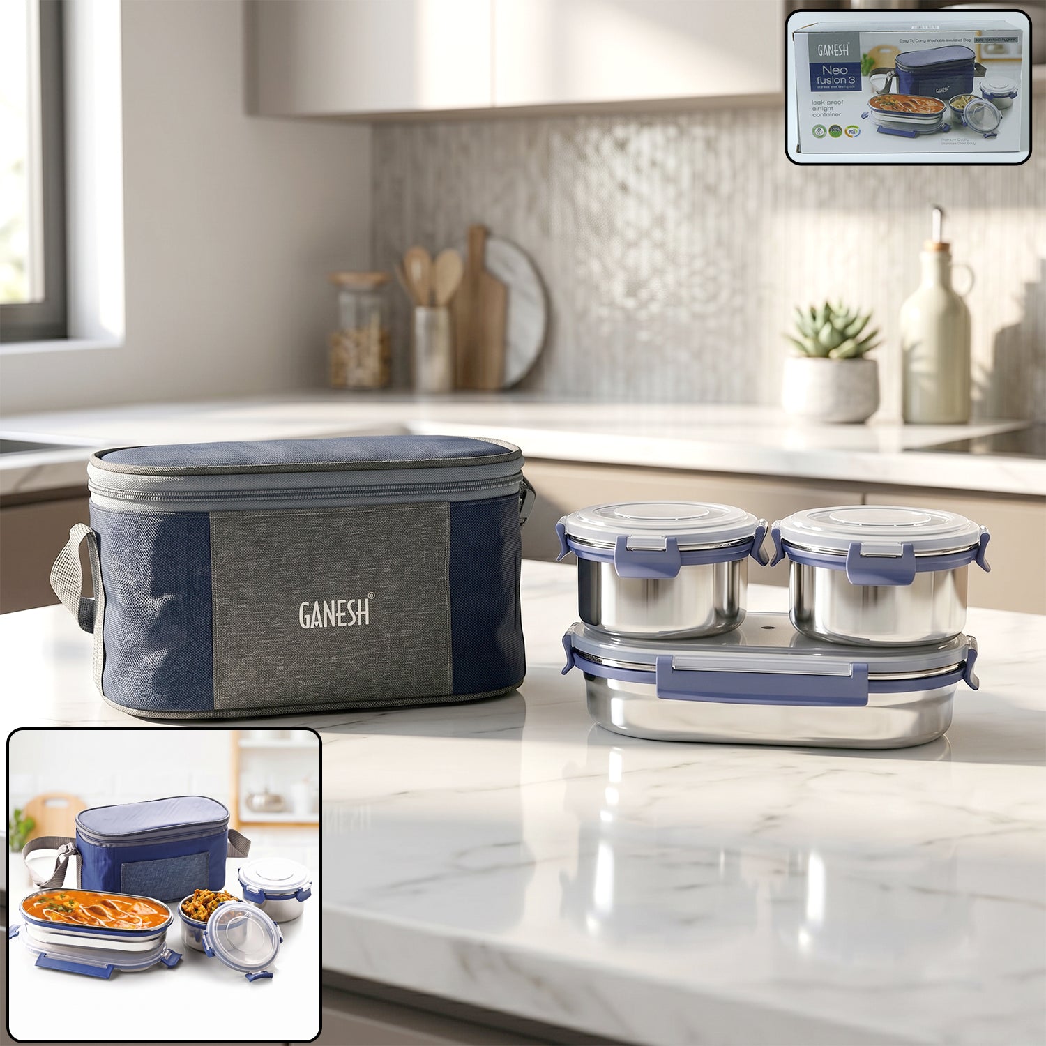 Wukusy Ganesh Neo Fusion 3 stainless steel lunch box set with three stackable containers and secure lids for food storage.