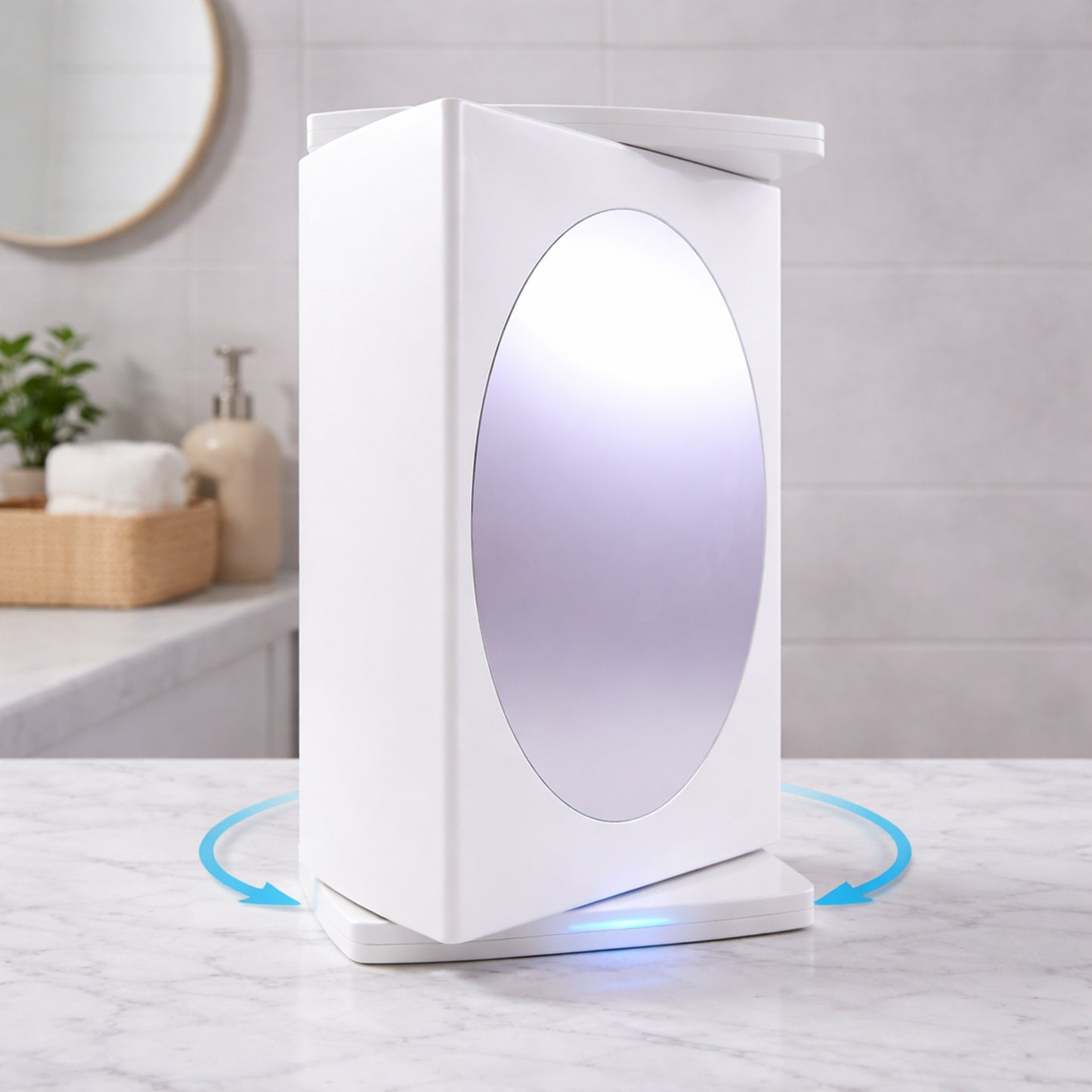 Wukusy wall-mounted rotating bathroom mirror cabinet, 22x42 cm, with reflective surface and storage space inside.