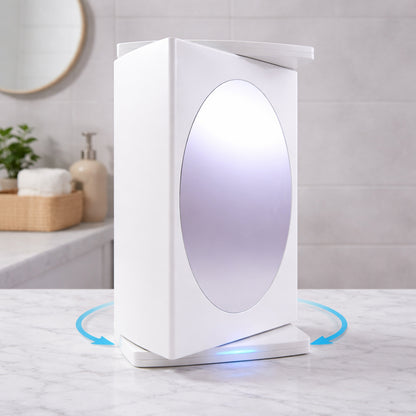 Wukusy wall-mounted rotating bathroom mirror cabinet, 22x42 cm, with reflective surface and storage space inside.