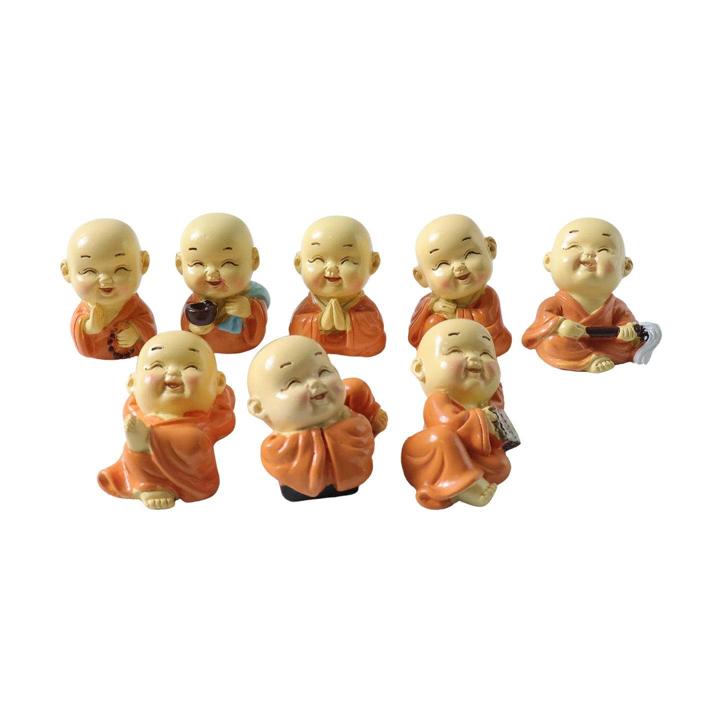 Set of eight mini Monk Buddha idols by Wukusy, featuring detailed small Buddha figures in a peaceful, spiritual display.