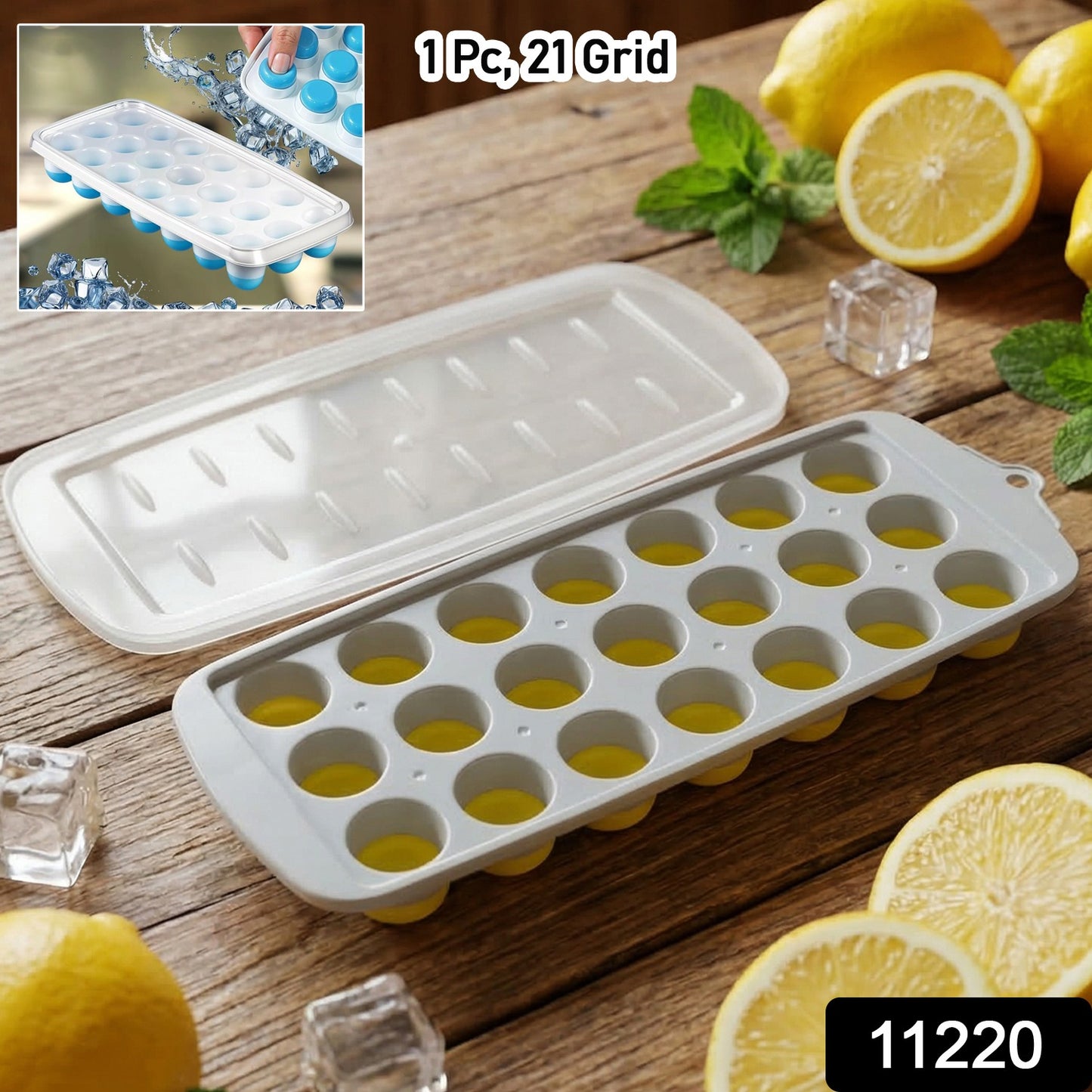 Wukusy round ball ice cube tray with lid, 21-grid ice mold for making spherical ice balls in a kitchen or bar setting