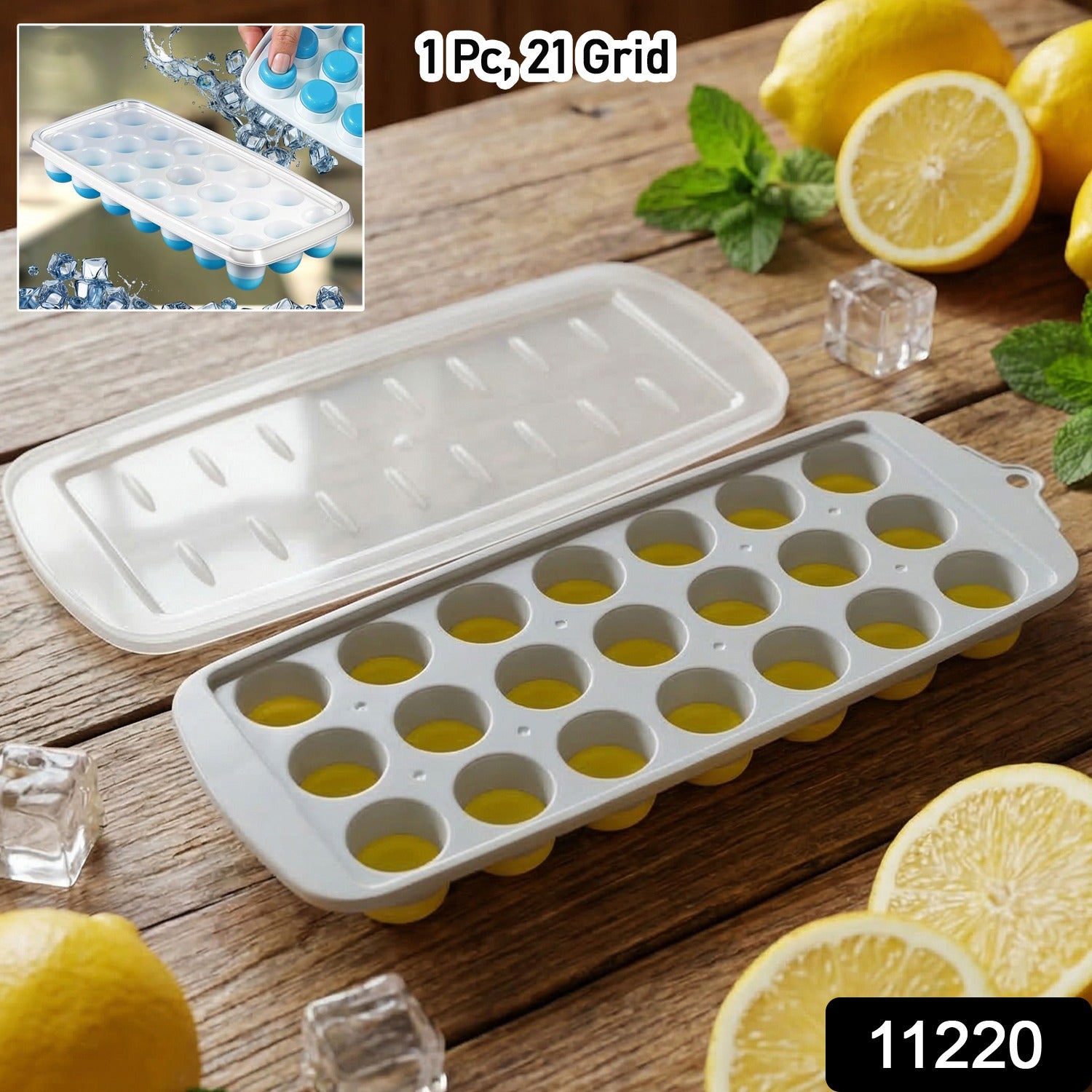 Wukusy round ball ice cube tray with lid, 21-grid ice mold for making spherical ice balls in a kitchen or bar setting