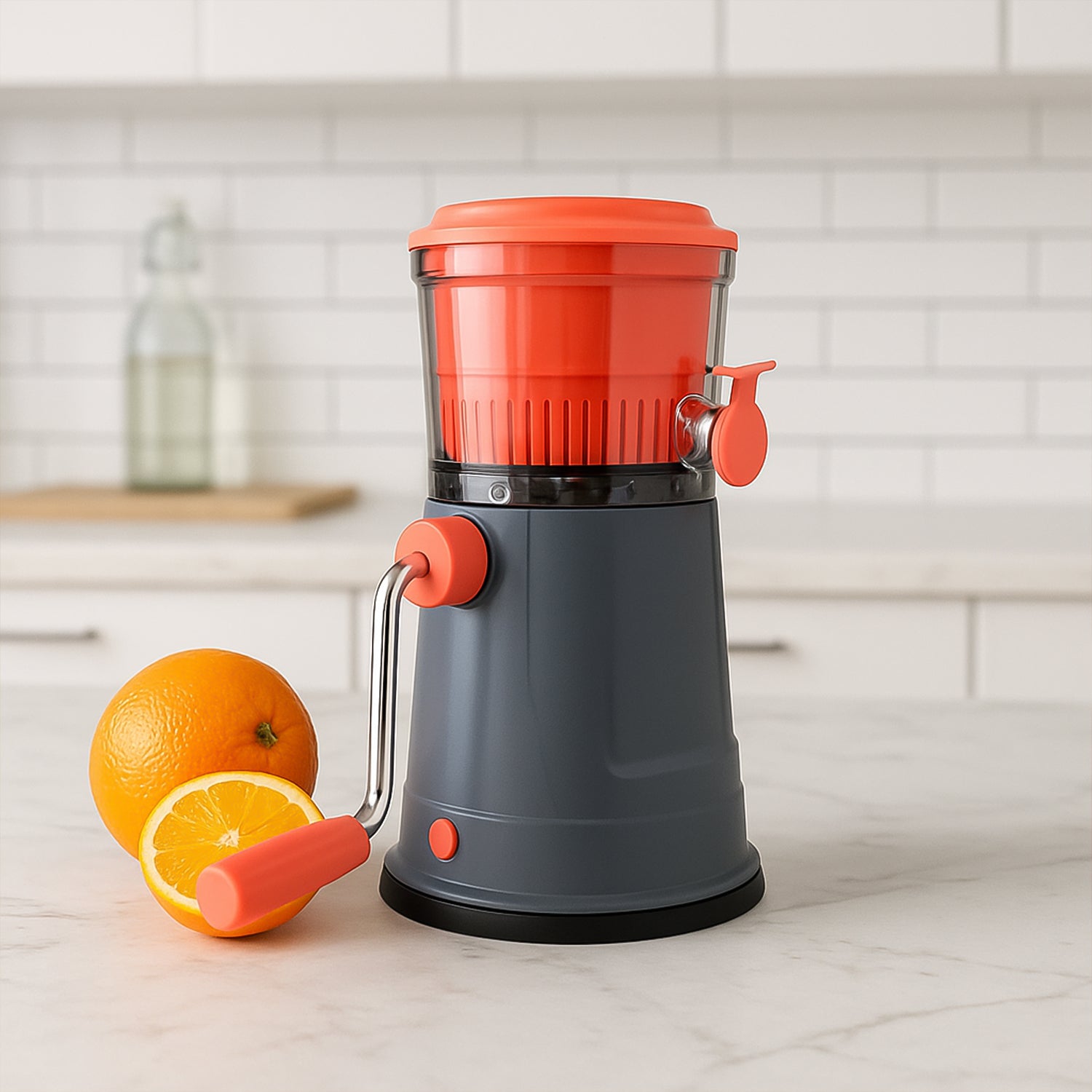Wukusy Supermom Pulpy Fruit Juicer with long handle and silicone ring, for efficient juice extraction in the kitchen.