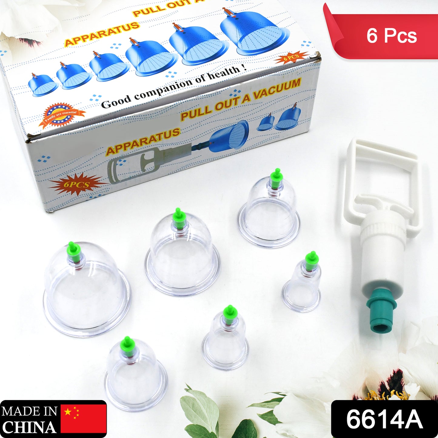 Wukusy 6614a vacuum cupping set with six glass cups and pump, used for therapy and relaxation massage at home.