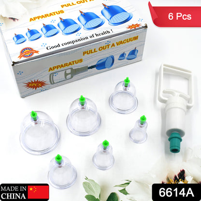 Wukusy 6614a vacuum cupping set with six glass cups and pump, used for therapy and relaxation massage at home.