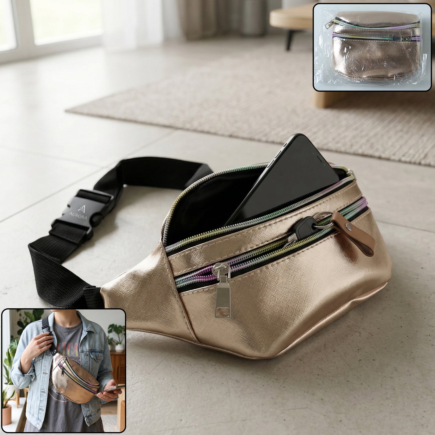 Wukusy premium waist bag with adjustable strap, 10x22 cm, shown with secure zipper closure and sleek black design.